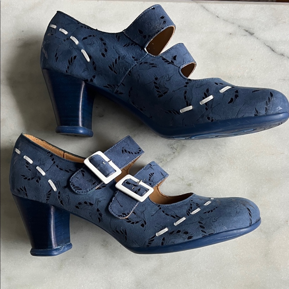 John Fluevog Blue Heels with Buckle Straps